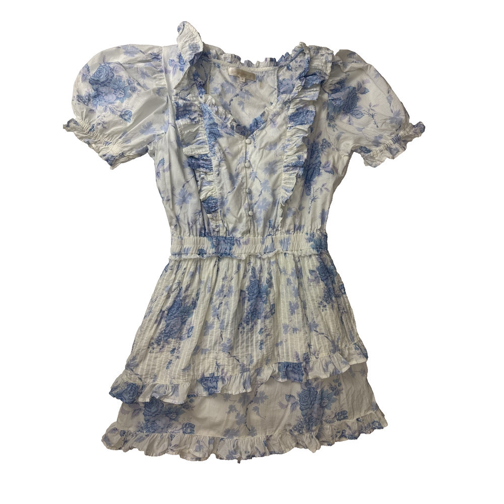 LoveShackFancy Blue & White Toile Ruffle Mini Dress Puff Sleeve Romantic Small